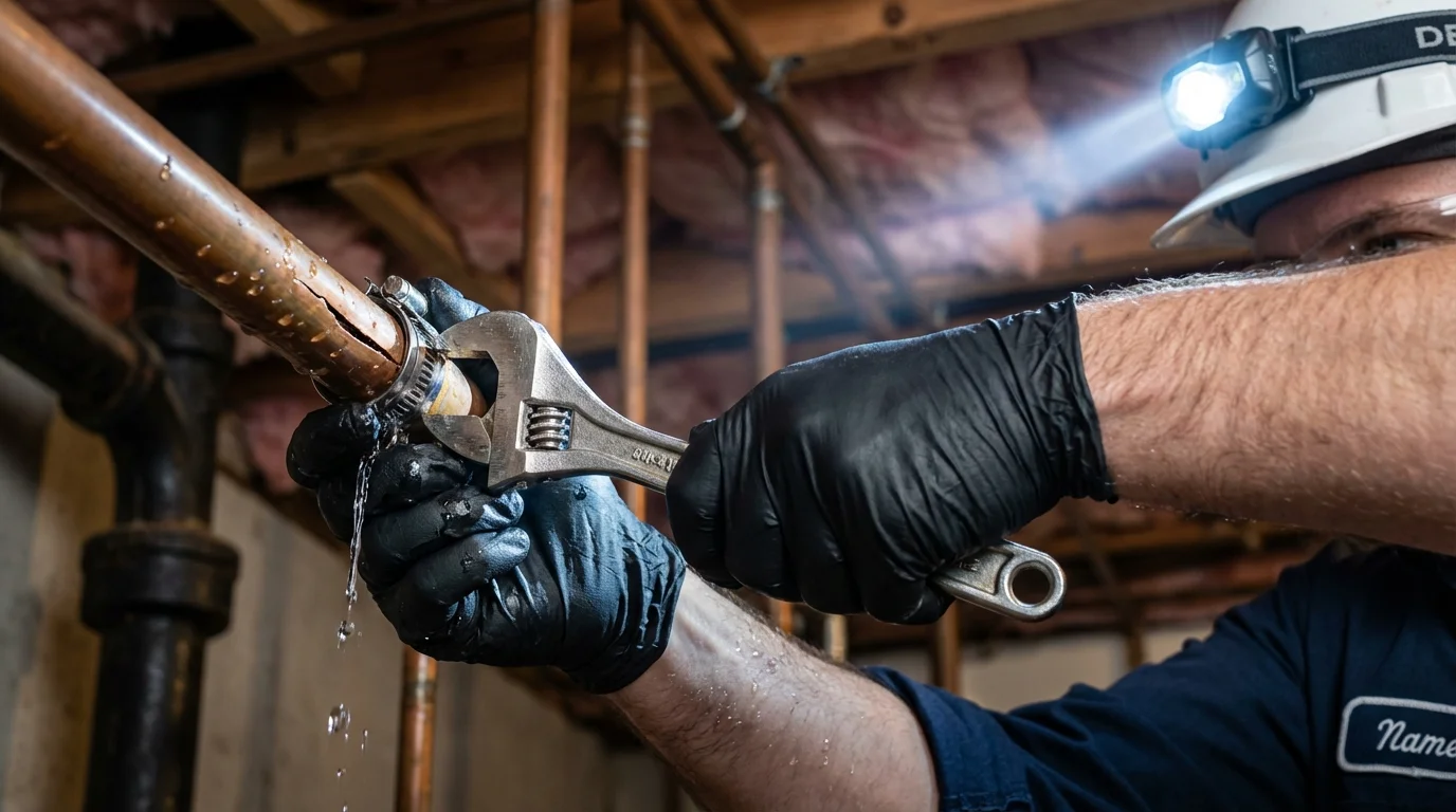 Emergency pipe clamp repair being performed by a Johns Plumbing LLC plumber in Laguna Niguel