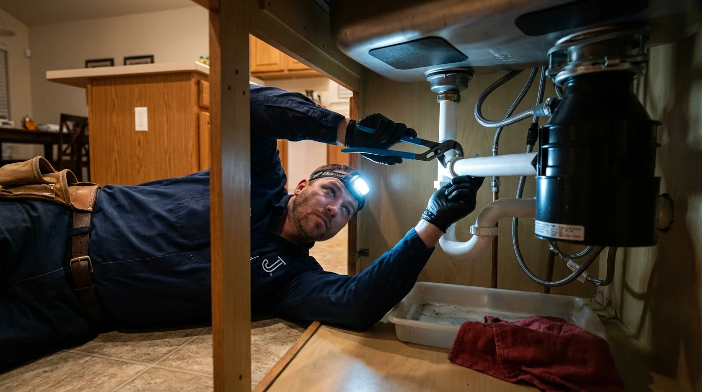 P-trap and supply line connections under a kitchen sink showing a common leak point in Laguna Niguel, CA